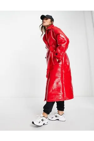 Miss Selfridge Vinyl Faux Leather Trench Coat in Bright Red