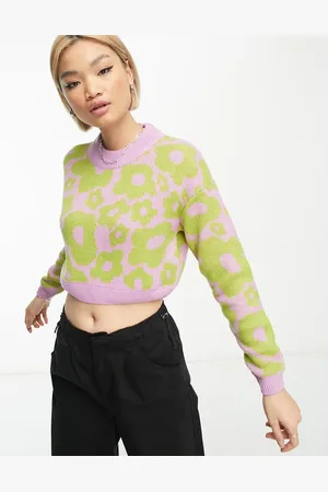 Noisy May Cropped jumper in lime & purple floral
