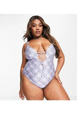ASOS Curve lace up front swimsuit in tile print