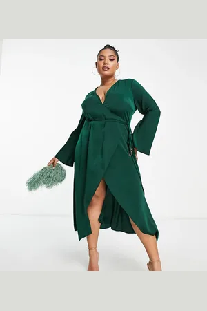ASOS ASOS DESIGN Curve bias cut satin wrap dress with tie waist in forest