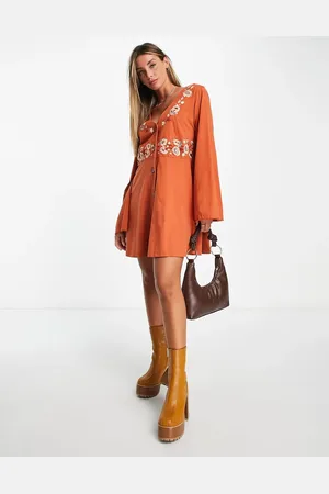 ASOS Long sleeve button down waisted mini dress with floral embroidery in rust