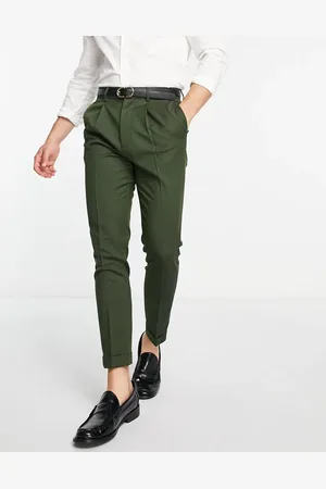 ASOS Tapered turnup smart trousers in khaki texture