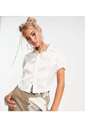 COLLUSION Vintage cropped satin shirt with branding in ecru