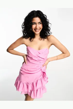 ASOS Pleated bandeau mini dress with ruffle detail in hot