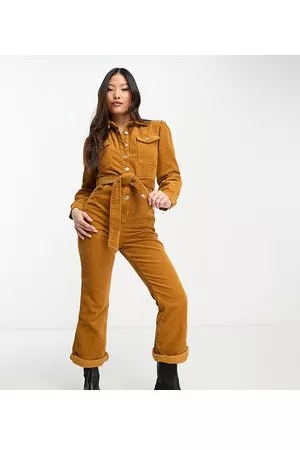Don't Think Twice DTT Petite flora cord wide leg belted jumpsuit in tan