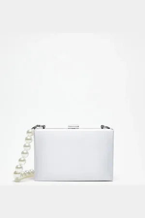 True Decadence Structured box clutch bag in silver satin with pearl handle