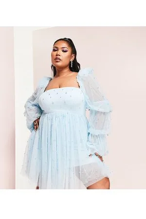 ASOS Curve tulle baby doll dress with pearl embellishment in blue