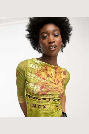 Reclaimed Inclusive Y2K slash neck quarter sleeve top in print