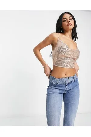 Tall Champagne Sheer Sequin Crop Top, Tall