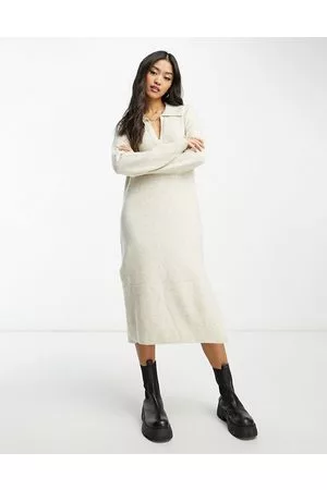 Abercrombie & Fitch Long sleeve collared midi knitted dress in light grey