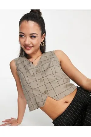 Monki Tailored suit waistcoat top in beige grid print