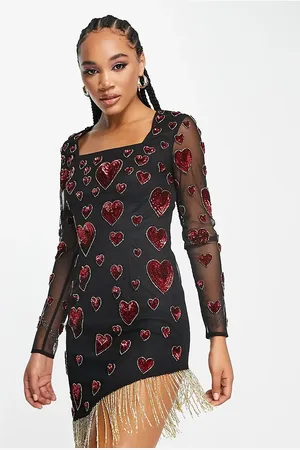 Starlet Long sleeve mini dress with embellished hearts and gold fringe