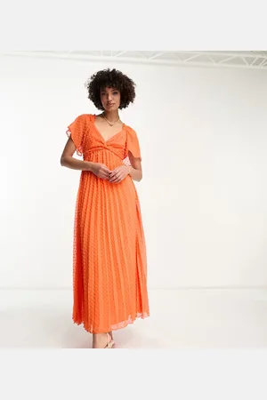 ASOS ASOS DESIGN Tall tie front angel sleeve dobby midi dress in hot coral