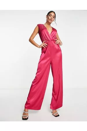Aria Cove Satin plunge front wide leg jumpsuit in