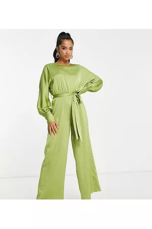 Lola May Satin tie belted waist wide leg jumpsuit in chartreuse
