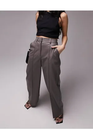 Topshop Faux leather wide leg tailored trouser in taupe
