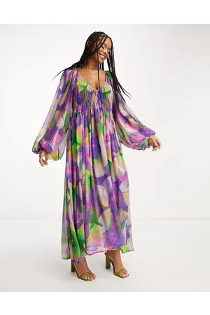 ASOS Ruched gathered waist chiffon maxi dress in abstract floral print