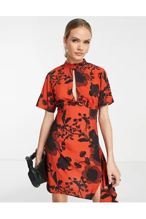 ASOS DESIGN sleeveless trapeze mini dress with godets in floral, Black/Red  