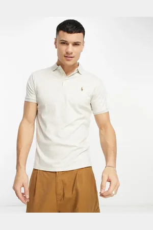 Ralph Lauren Multi logo pima cotton polo custom fit in beige marl
