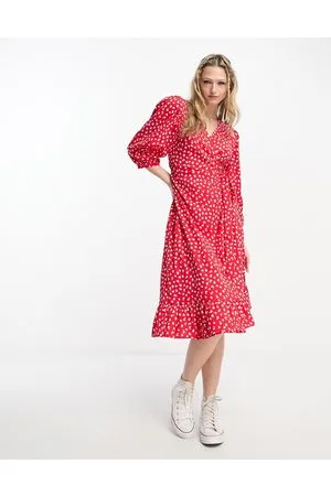 ONLY Puff sleeve wrap midi dress in spot