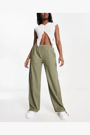 Pull&Bear Relaxed linen trouser in khaki