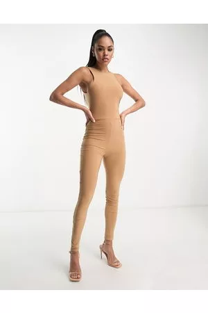 Fashionkilla Sculpted slinky racerneck low back jumpsuit in camel