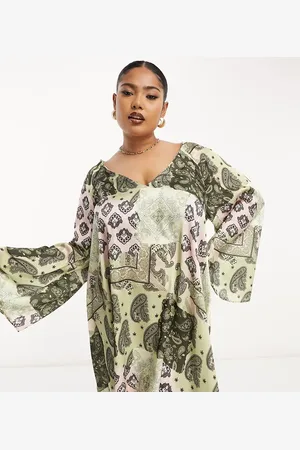 ASOS ASOS DESIGN Curve v-neck kimono sleeve mini smock dress with cross back in mixed paisley