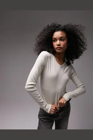 Topshop Slim v neck long sleeve top in stone