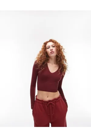 Topshop Seamless long sleeve v neck crop top in dark red