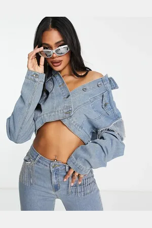 FAE Cropped denim trucker jacket with diamante fringe in washed