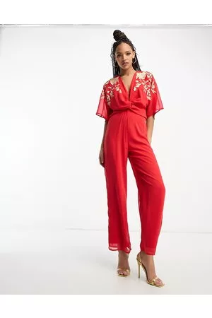 HOPE & IVY Kimono front embroidered jumpsuit in