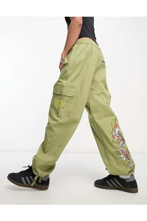 relaxed combat cargo trousers with dragon emboidery khaki