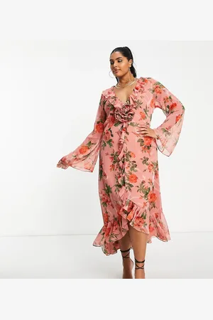 ASOS ASOS DESIGN Curve ruffle detail plunge midi dress with corsage in crinkle in pink floral print