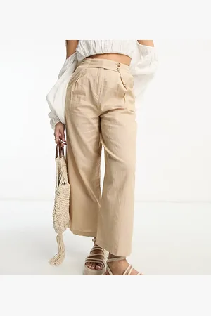 VILA Linen touch button tab wide leg trousers in beige