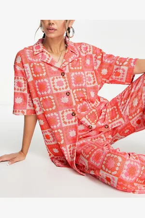 Damson Madder Bessie wave crochet short sleeve co-ord shirt in pink and orange