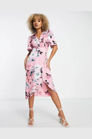 Liquorish Satin wrap front midaxi dress in dusky floral