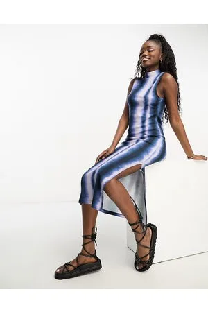 Stradivarius High neck sleeveless midi dress in tie dye print