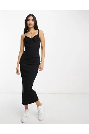 Miss Selfridge Lace trim rib cami midi dress in