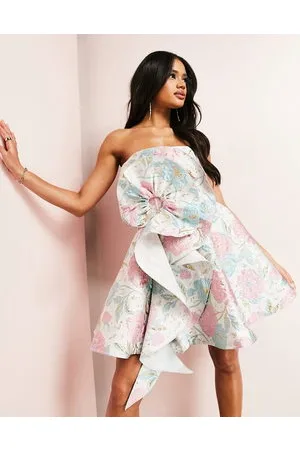 ASOS Jacquard bandeau corsage flower skater mini dress in gold & bubble floral