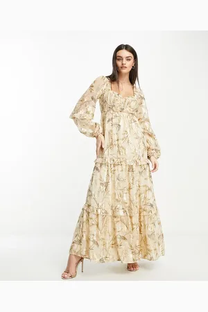 ASOS Sweetheart neck pleated maxi dress with frills in printed floral metallic jacquard