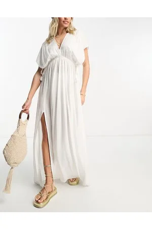 ASOS Fuller Bust flutter sleeve maxi beach dress with channelled tie waist in