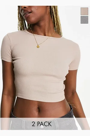 Pull&Bear 2 pack ribbed baby tee in beige & charcoal