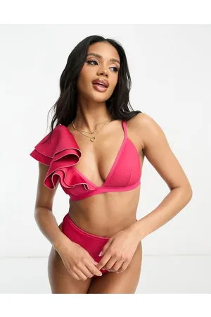 ASOS DESIGN one shoulder bikini top with contrast bind in cherry print