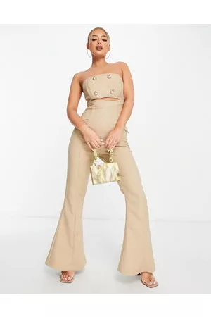 ASOS Tailored gold heart button flare bandeau jumpsuit in stone