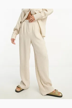 ASOS Textured linen mix wide leg trouser in stone