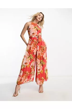 ASOS Pleated jumpsuit with belt in red floral