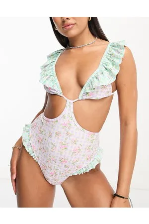 Miss Selfridge Mix contrast gingam ruffle swimsuit