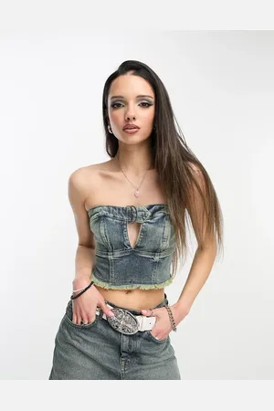 Stradivarius STR denim bandeau top in washed