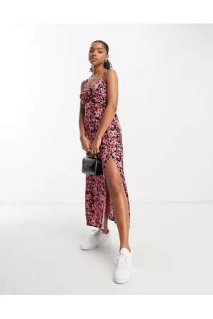 Miss Selfridge Frill detail maxi slip dress in pink floral print