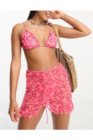 Miss Selfridge Beach mesh floral ruched front frill hem swim skirt